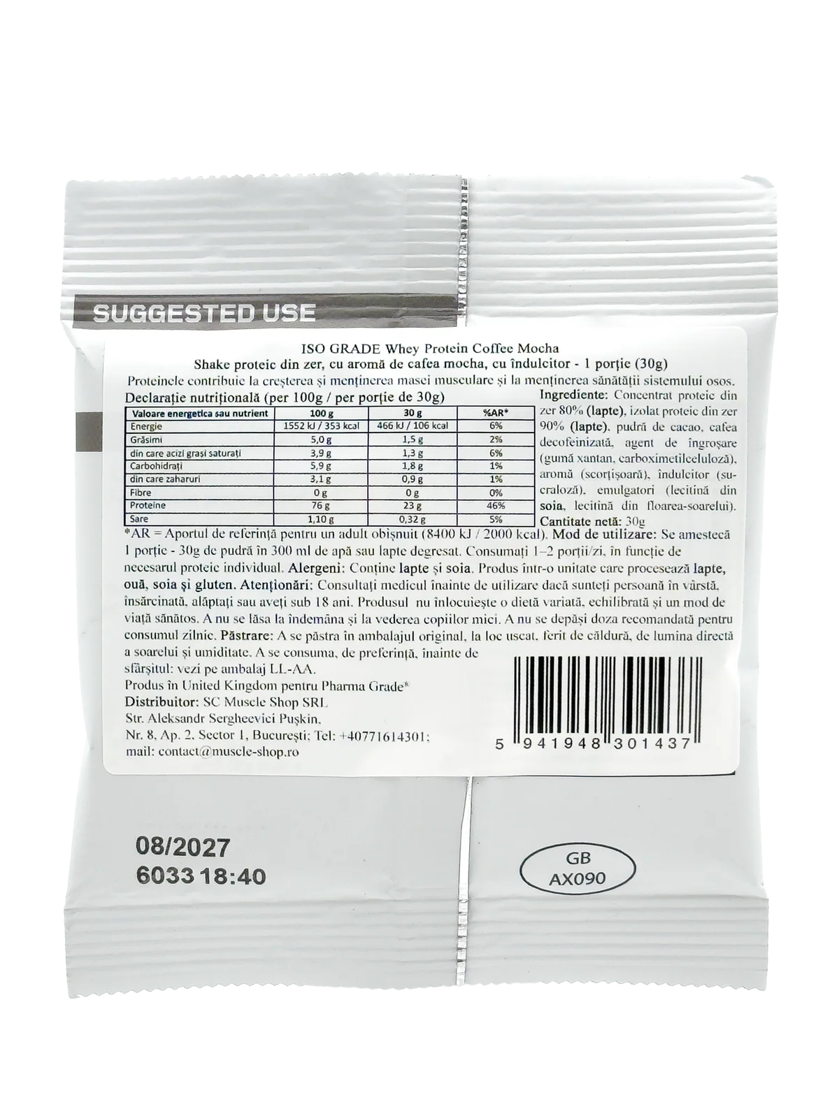 Monoportie de izolat proteic, Pharma Grade, ISO Grade Premium Whey Protein, plic de 30 de grame, pudra proteica [1]
