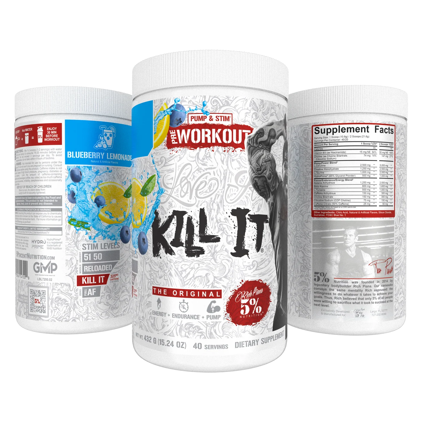 Pre-workout, 5% Rich Piana, Kill it, 432 de grame, 40 de serviri, pudra [1]
