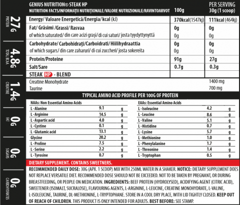 Proteina din vita, Genius Nutrition, Steak-HP, 750 de grame, pudra proteica [1]