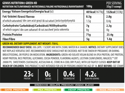 Proteina vegana, Genius Nutrition, Vegan Protein Green-HD, 750 de grame, pudra proteica [1]