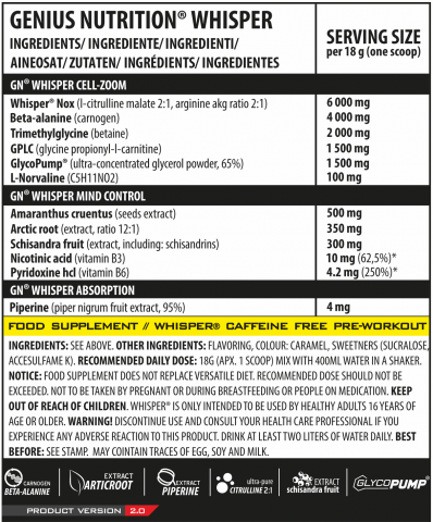 Pre-workout fara cofeina, Genius Nutrition, Whisper, plic de 18 grame, o portie [1]