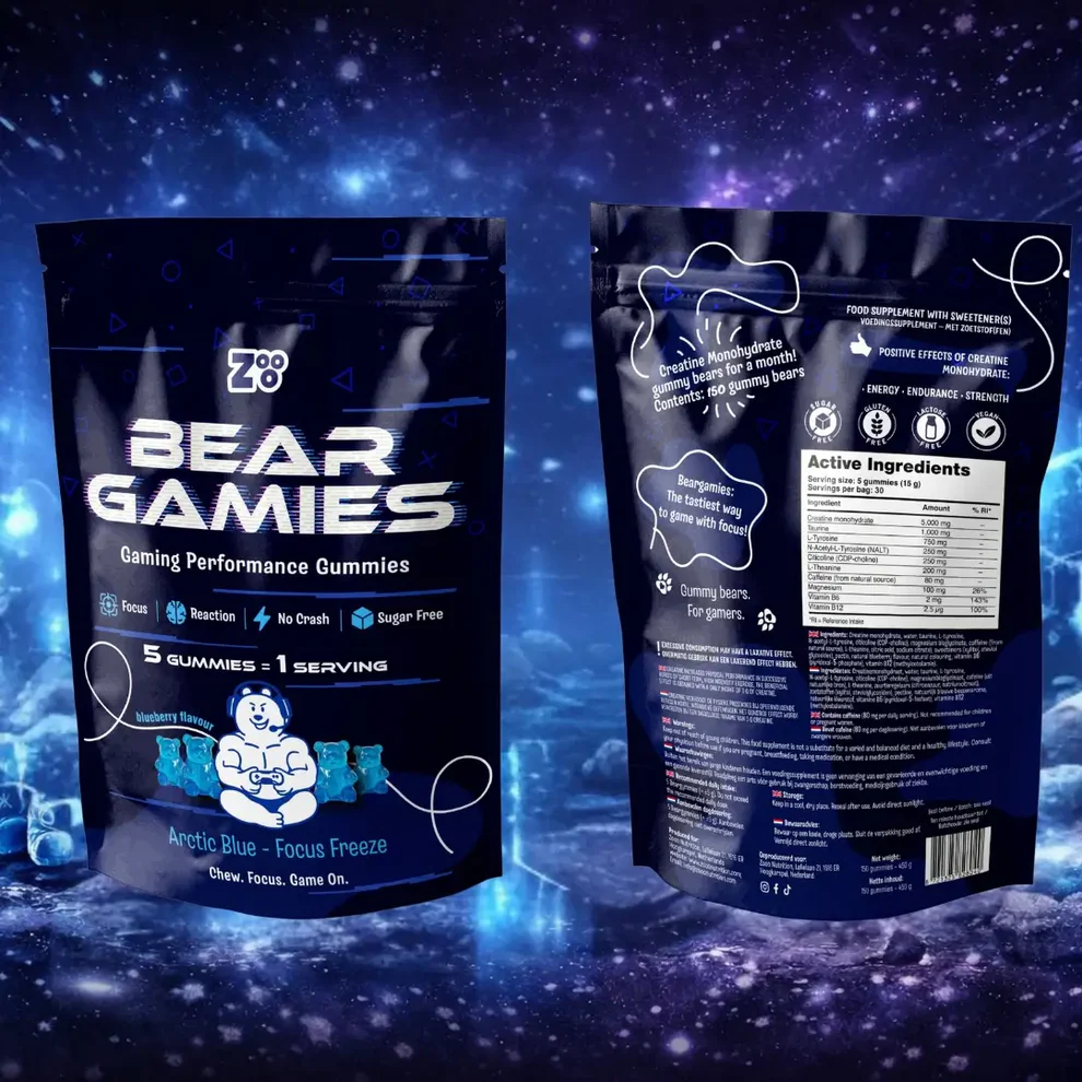 Creatina - Creatina jeleuri cu cofeina, Zooo Nutrition, Bear Gamies – Gaming Performance Gummies, 150 jeleuri