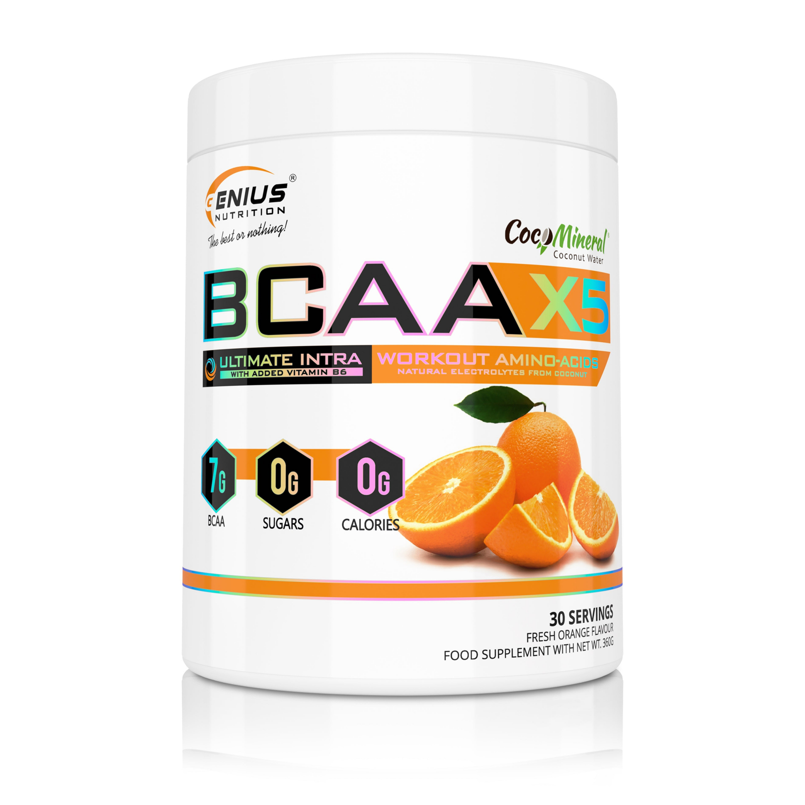 Aminoacizi, Genius Nutrition, BCAA-X5, 360 de grame, pudra Portocala