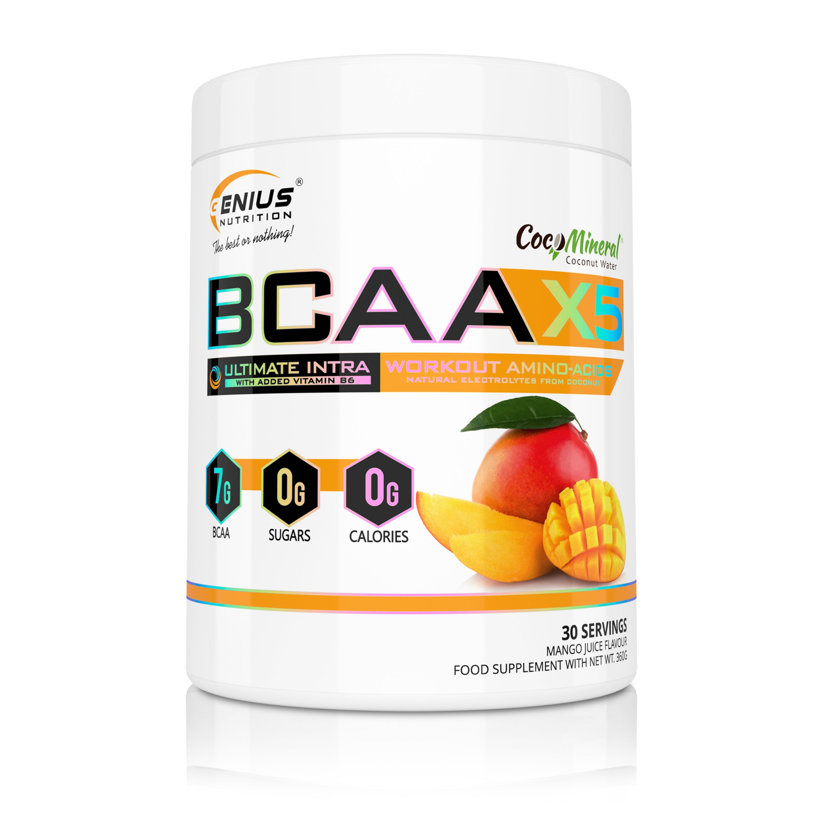Aminoacizi, Genius Nutrition, BCAA-X5, 360 de grame, pudra Mango