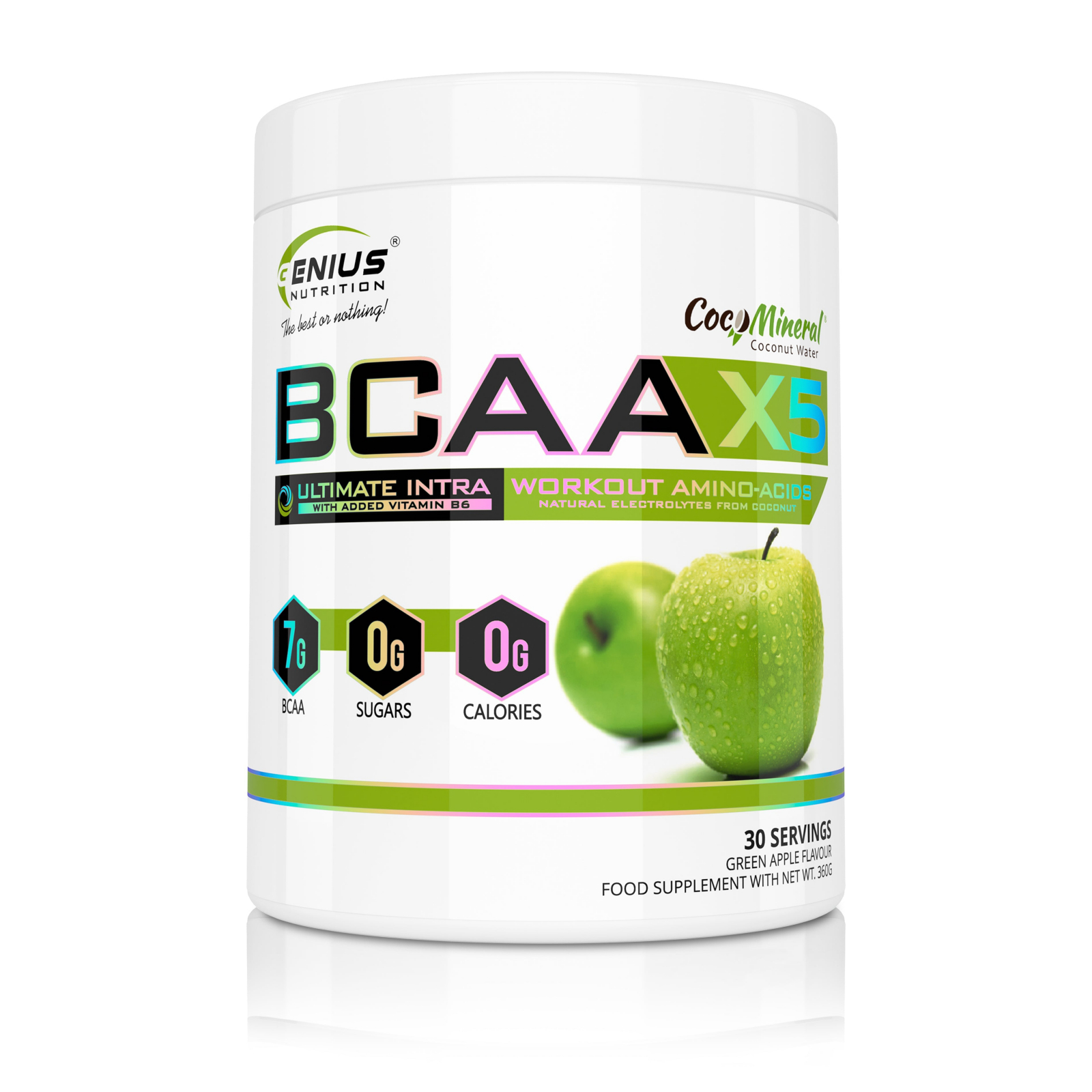 Aminoacizi, Genius Nutrition, BCAA-X5, 360 de grame, pudra Green Apple
