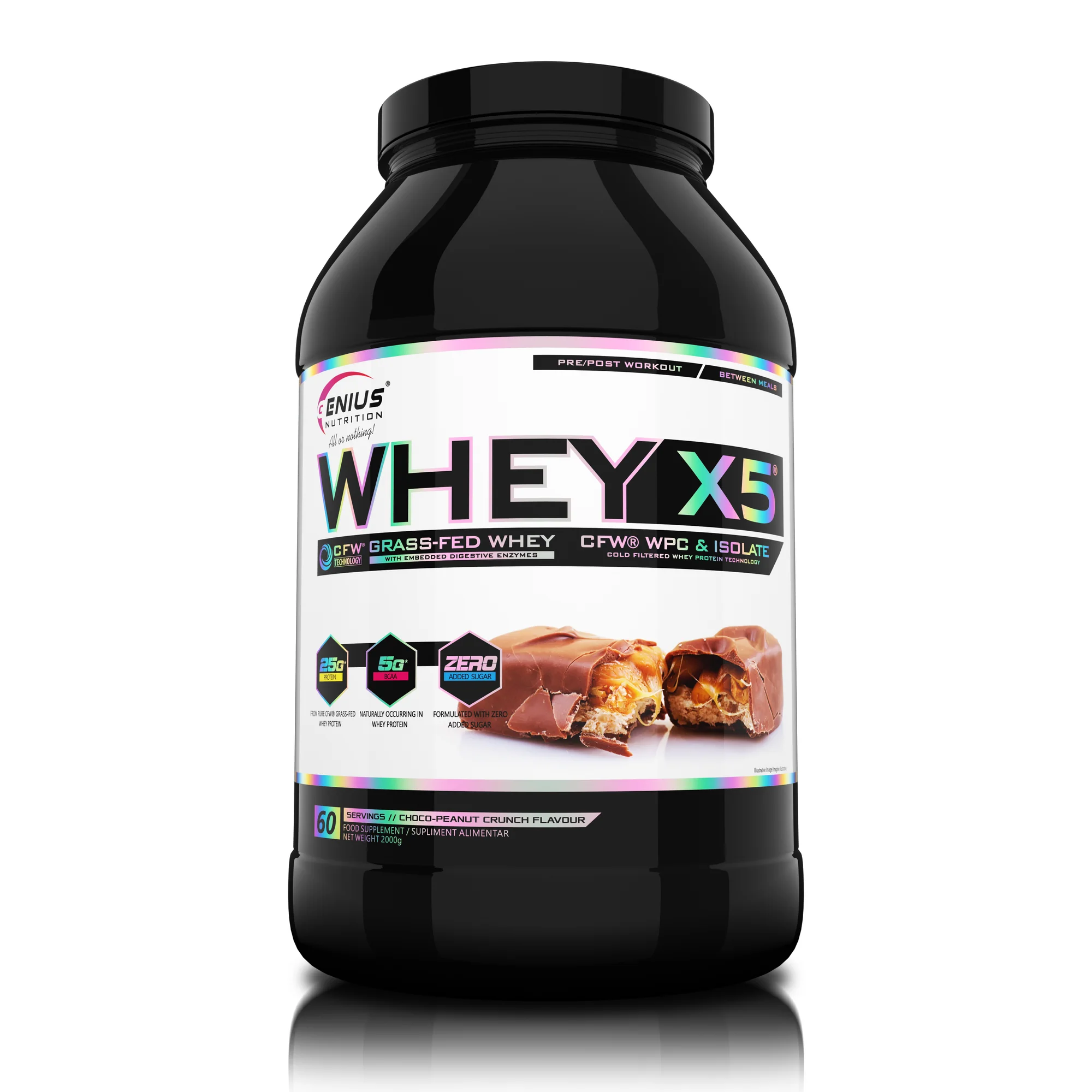 Concentrat proteic din zer, Genius Nutrition, Whey-X5, 2kg, pudra proteica Choco-Peanut Crunch