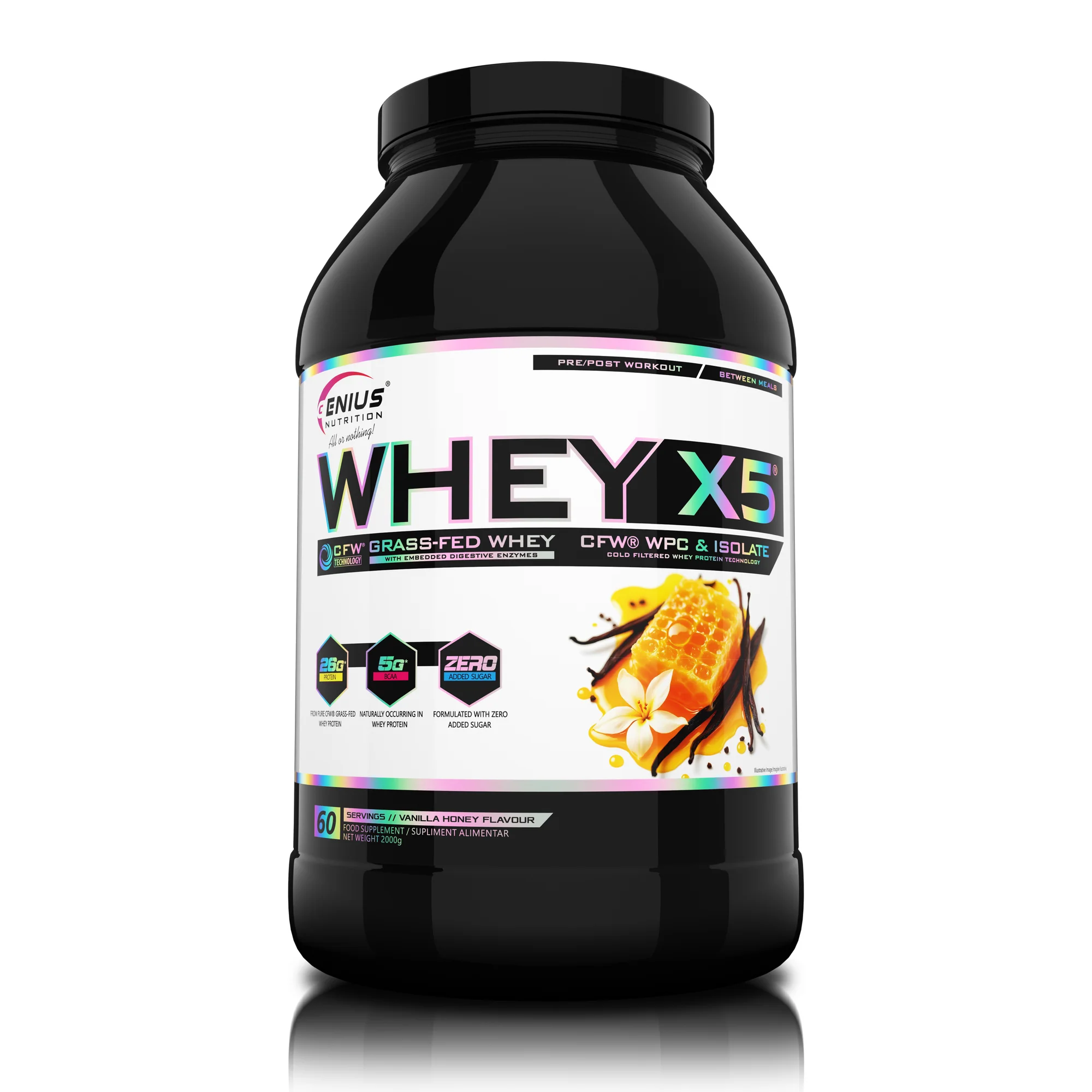 Concentrat proteic din zer, Genius Nutrition, Whey-X5, 2kg, pudra proteica Vanilla-Honey