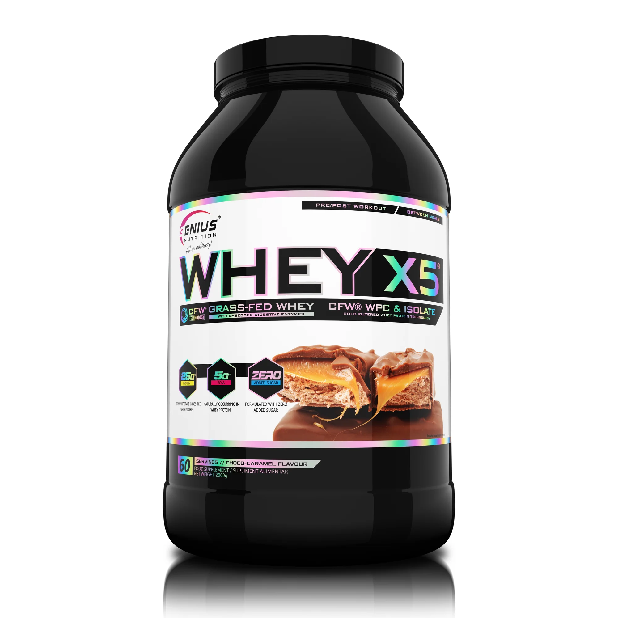 Concentrat proteic din zer, Genius Nutrition, Whey-X5, 2kg, pudra proteica Choco-Caramel