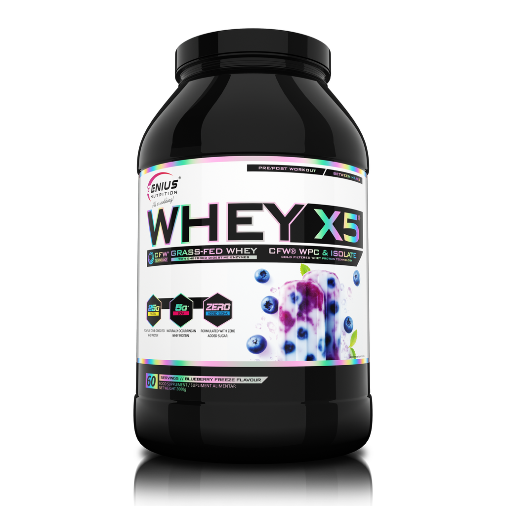Concentrat proteic din zer, Genius Nutrition, Whey-X5, 2kg, pudra proteica Blueberry Freeze