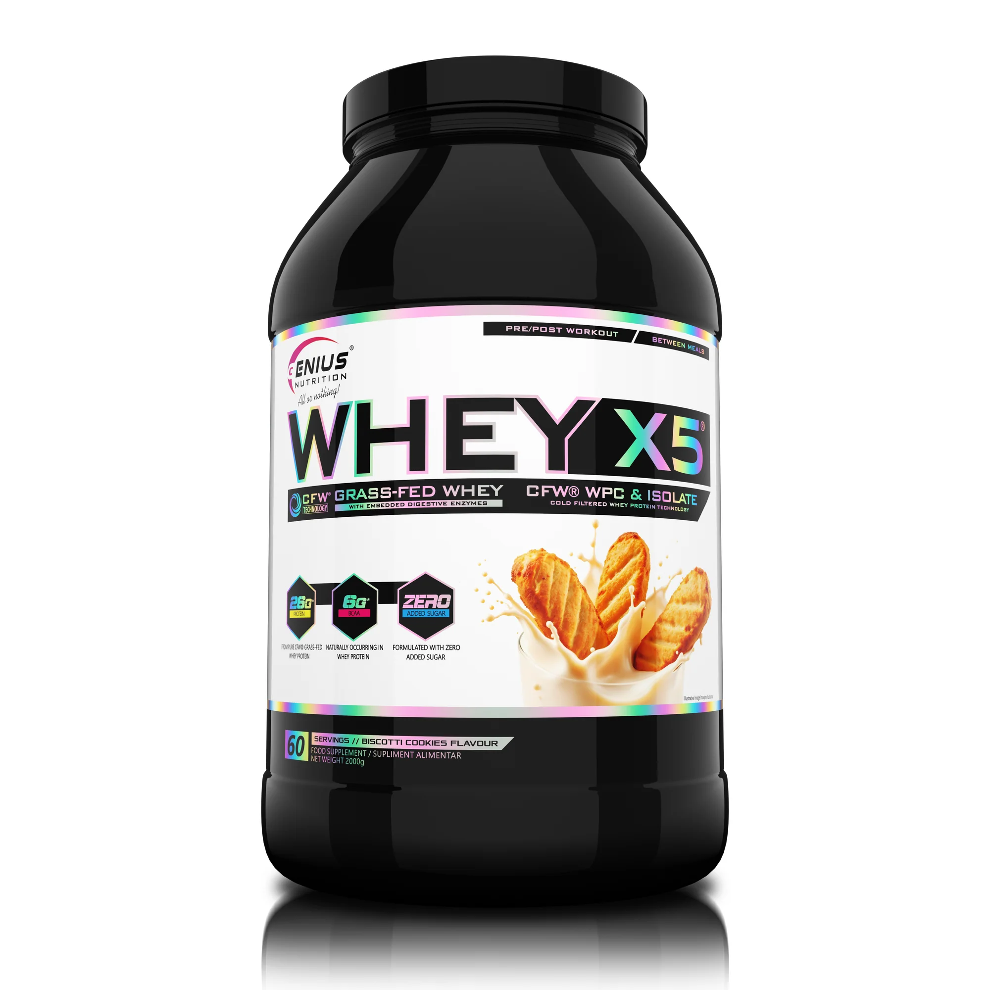 Concentrat proteic din zer, Genius Nutrition, Whey-X5, 2kg, pudra proteica Biscotti Cookies