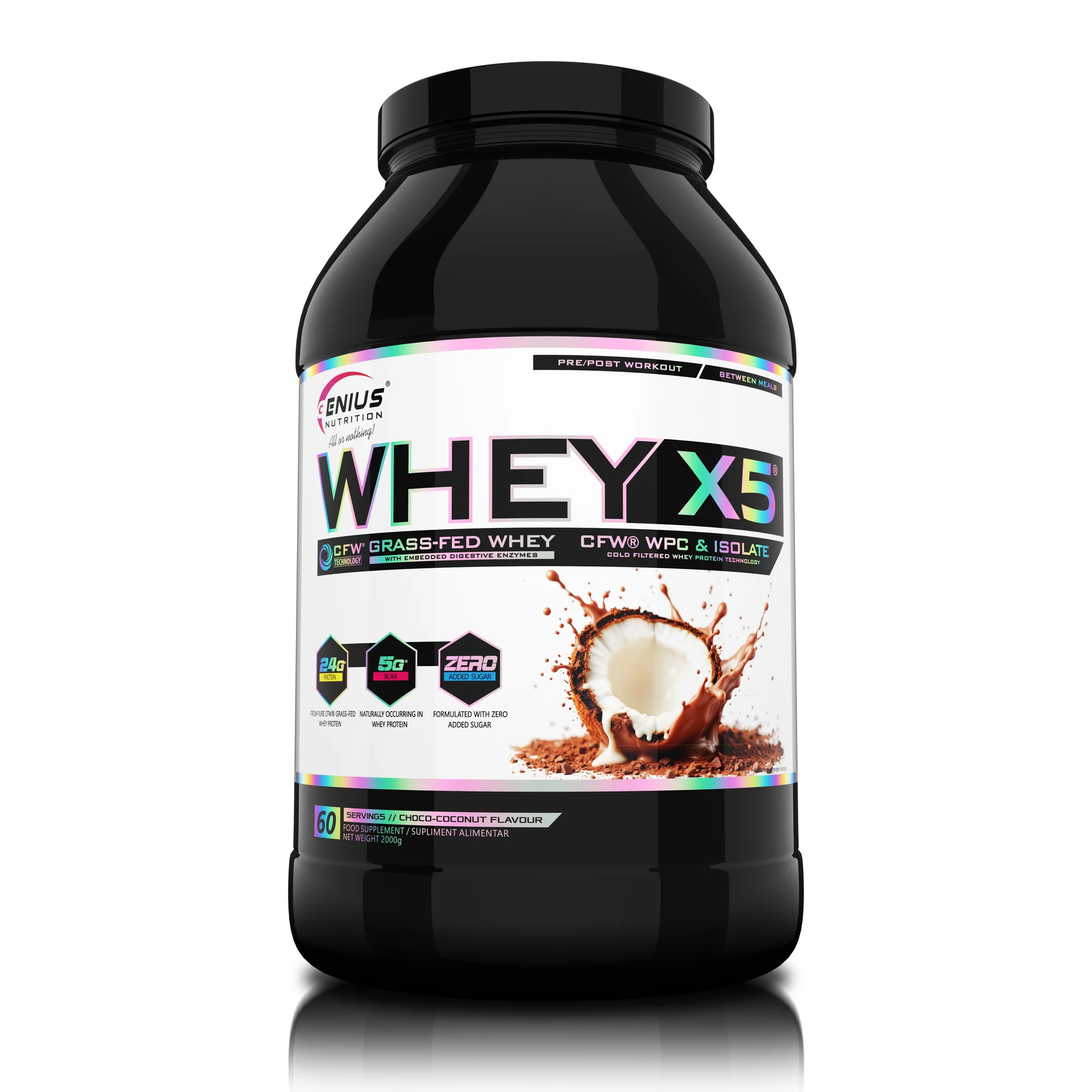 Concentrat proteic din zer, Genius Nutrition, Whey-X5, 2kg, pudra proteica Choco-Coconut
