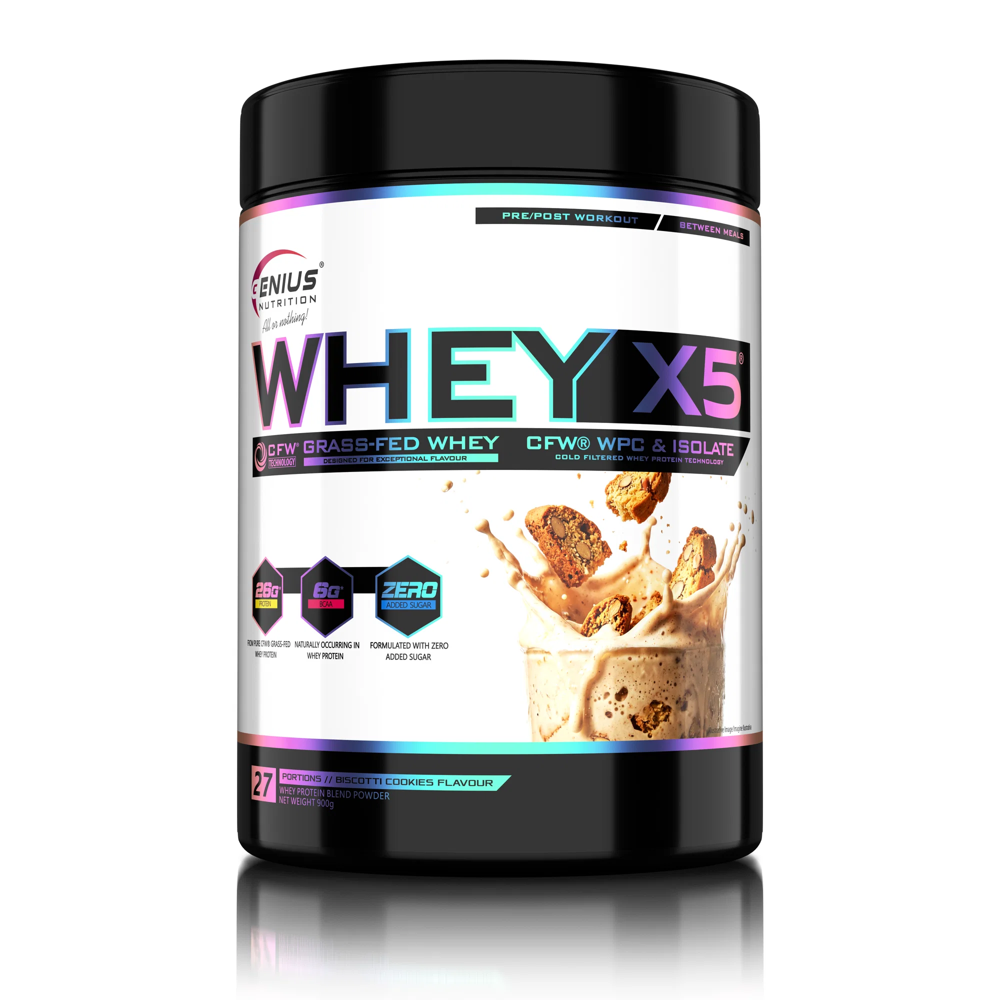 Concentrat proteic, Genius Nutrition, Whey-X5, 900 de grame, pudra proteica Biscotti Cookies
