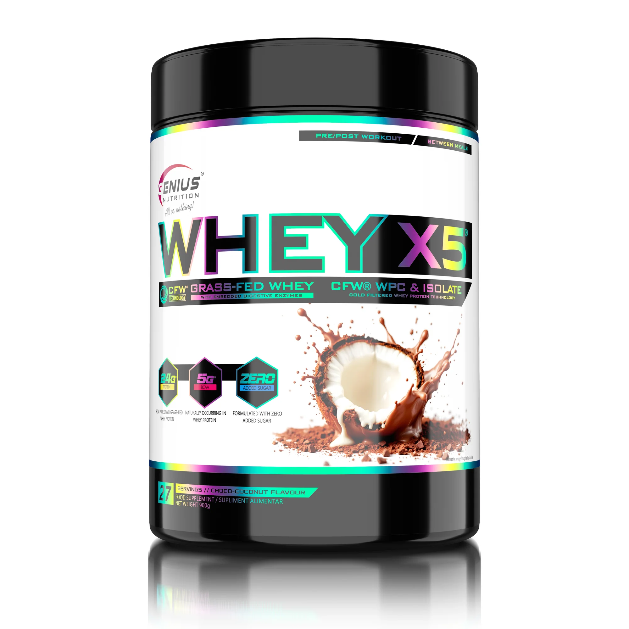 Concentrat proteic, Genius Nutrition, Whey-X5, 900 de grame, pudra proteica Choco-Coconut