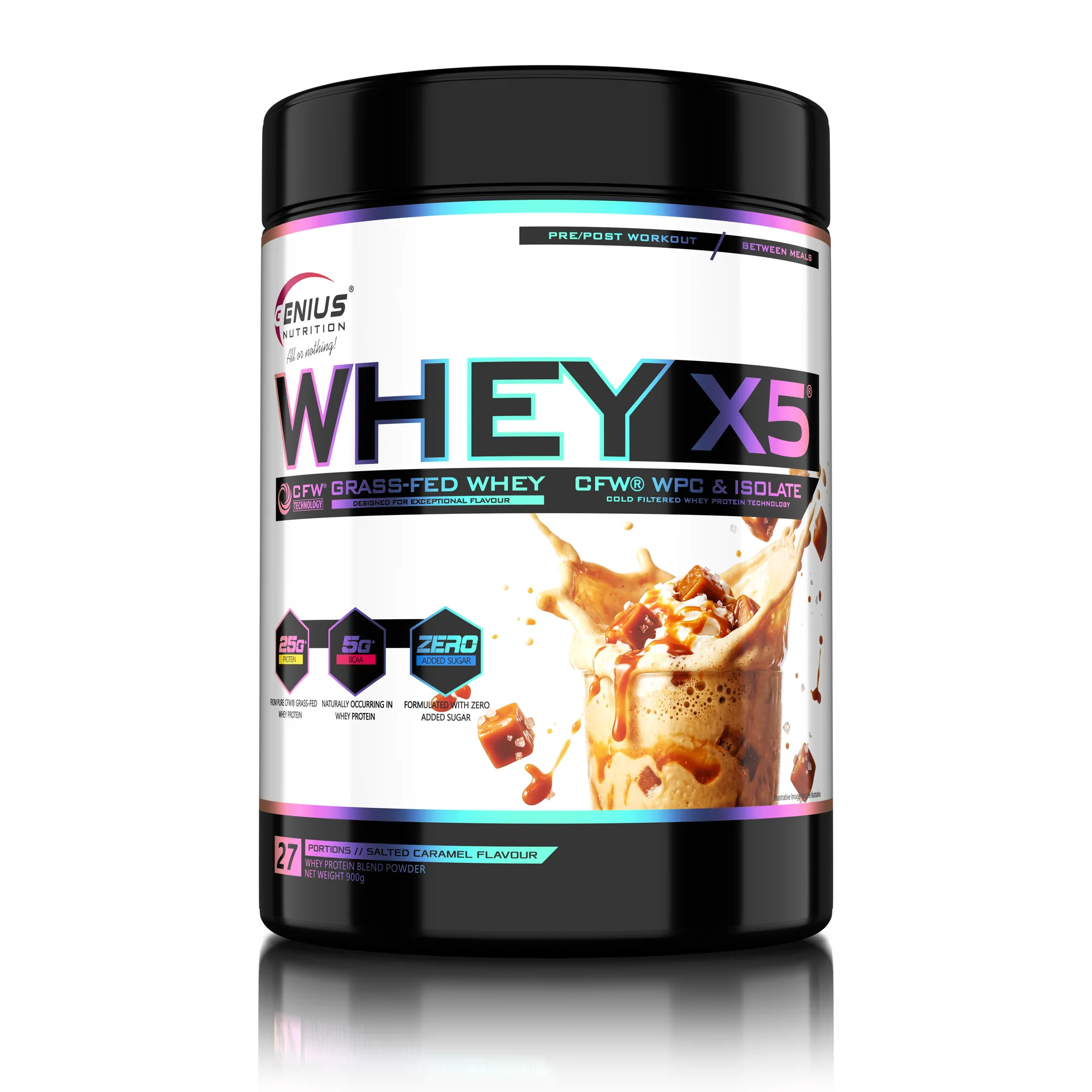 Concentrat proteic, Genius Nutrition, Whey-X5, 900 de grame, pudra proteica Salted Caramel