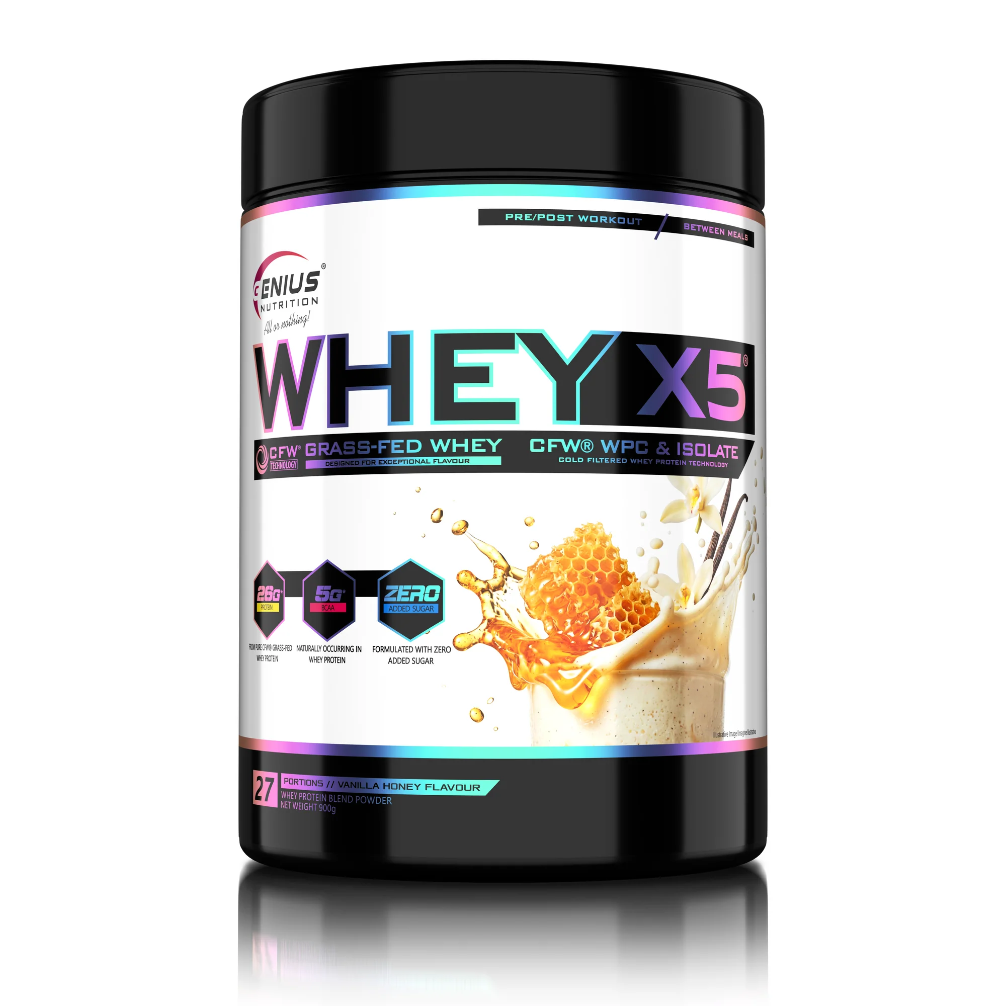 Concentrat proteic, Genius Nutrition, Whey-X5, 900 de grame, pudra proteica Vanilla-Honey