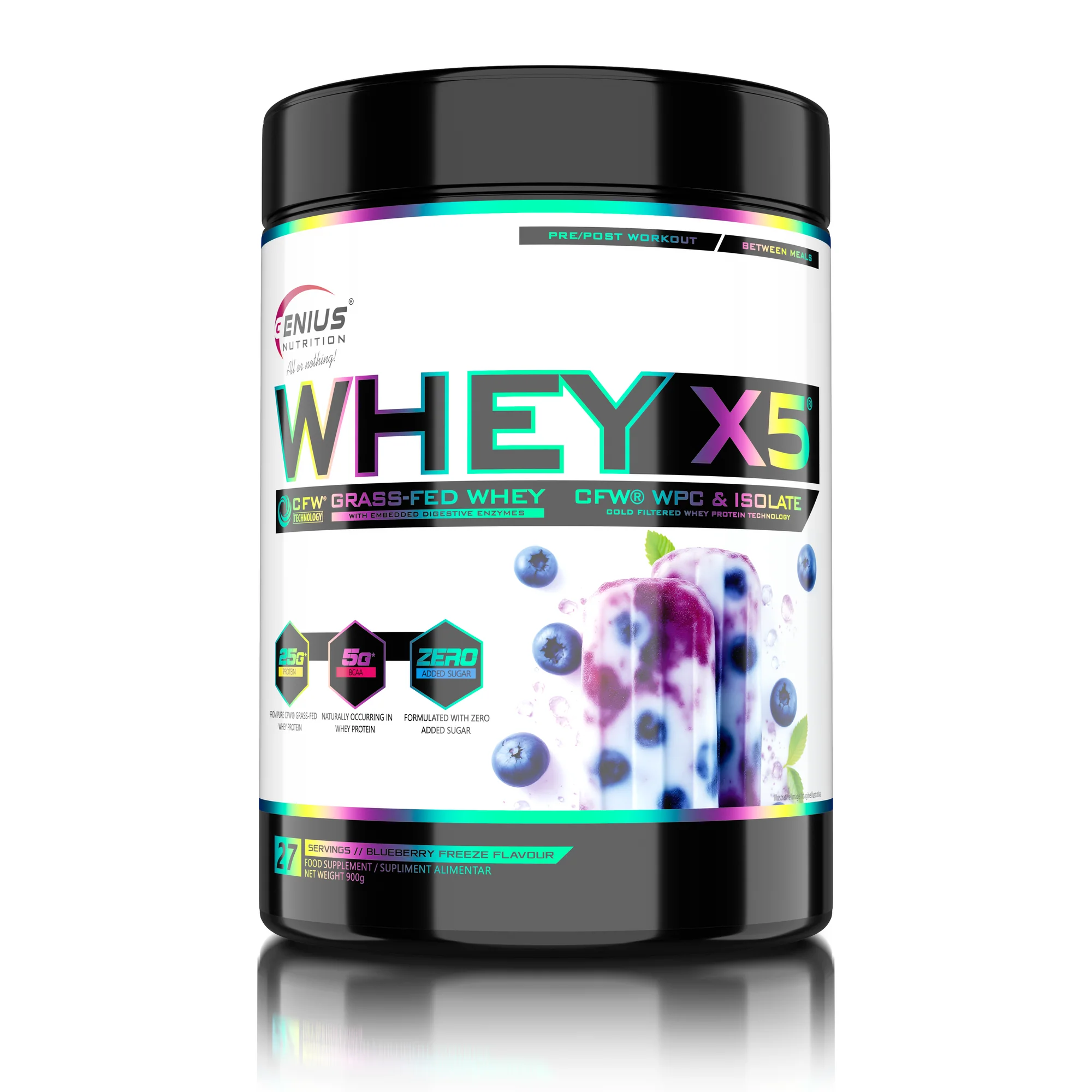 Concentrat proteic, Genius Nutrition, Whey-X5, 900 de grame, pudra proteica Blueberry Freeze