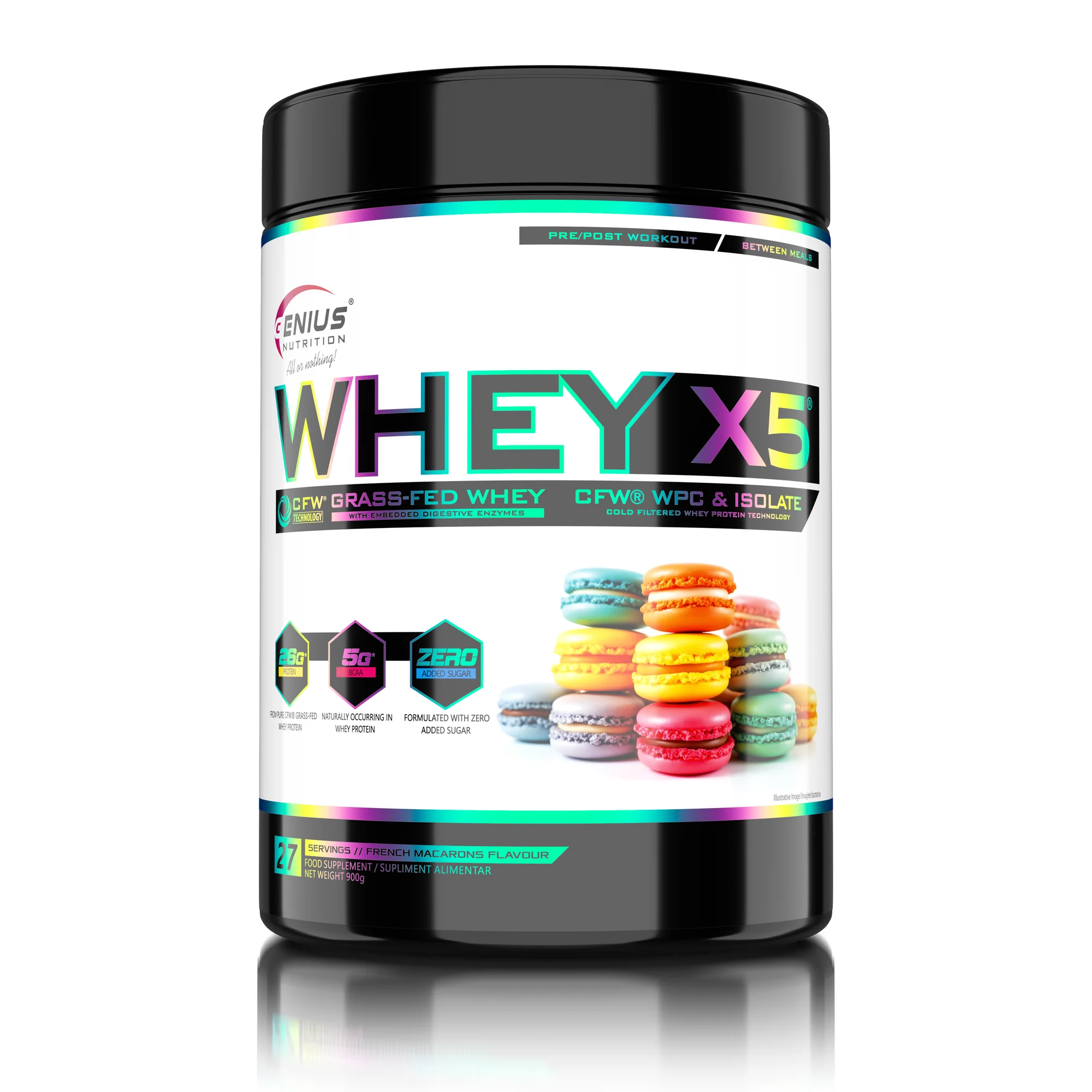 Concentrat proteic, Genius Nutrition, Whey-X5, 900 de grame, pudra proteica Macarons