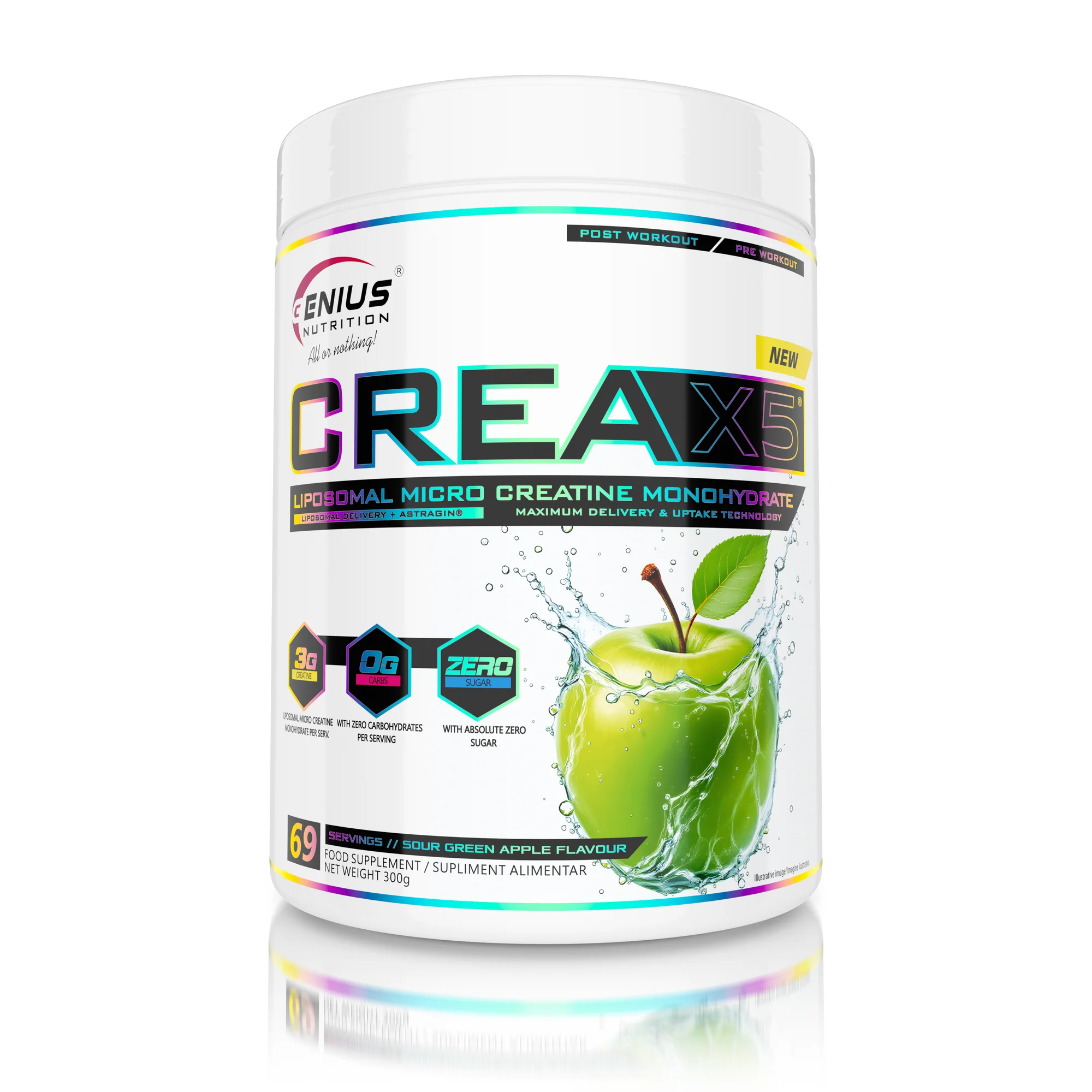 Creatina monohidrata lipozomala, Genius Nutrition, CREA-X5 Liposomal, 300 de grame, pudra Sour Green Apple