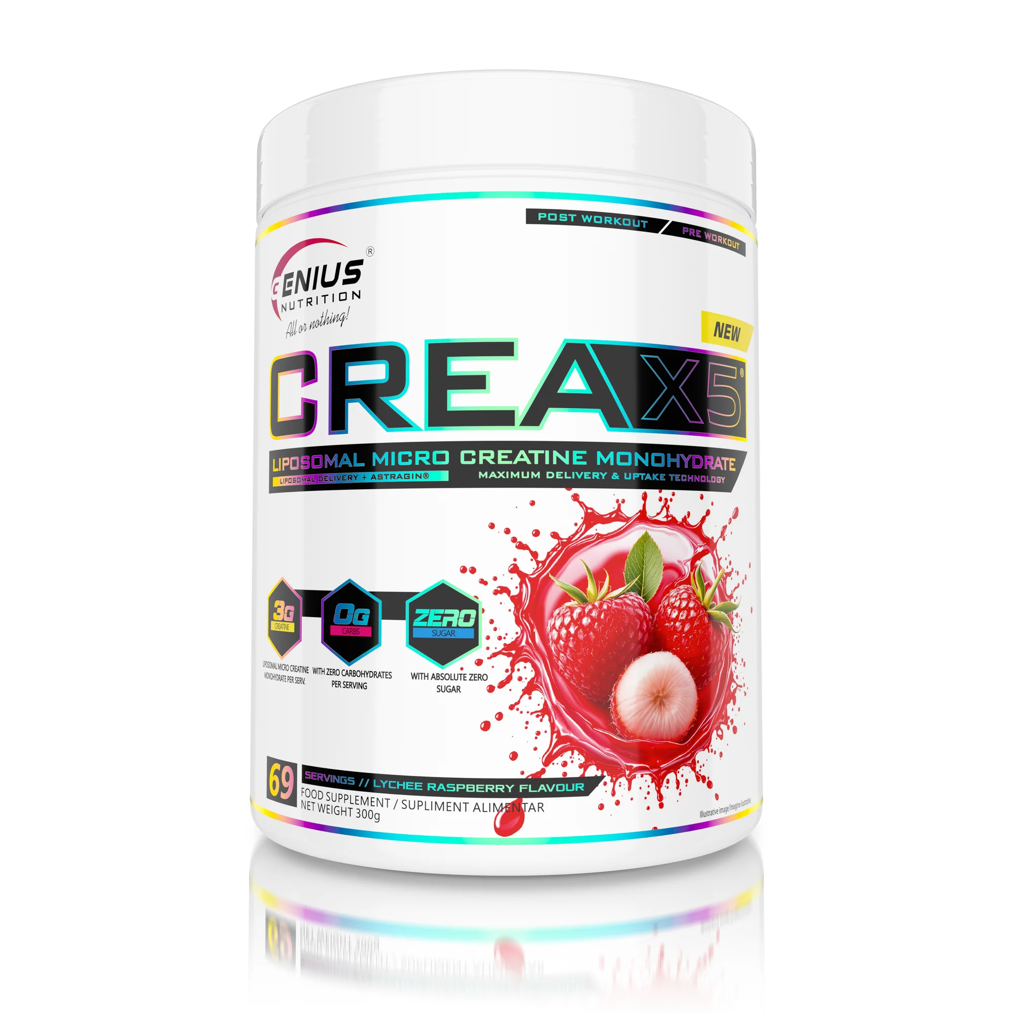 Creatina monohidrata lipozomala, Genius Nutrition, CREA-X5 Liposomal, 300 de grame, pudra Lychee Raspberry