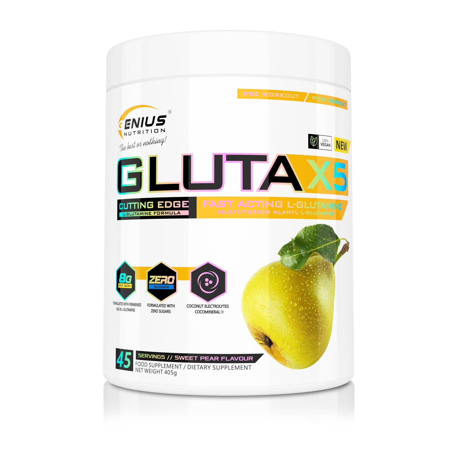 Glutamina, Genius Nutrition, Gluta-X5, 405 grame, pudra Sweet Pear