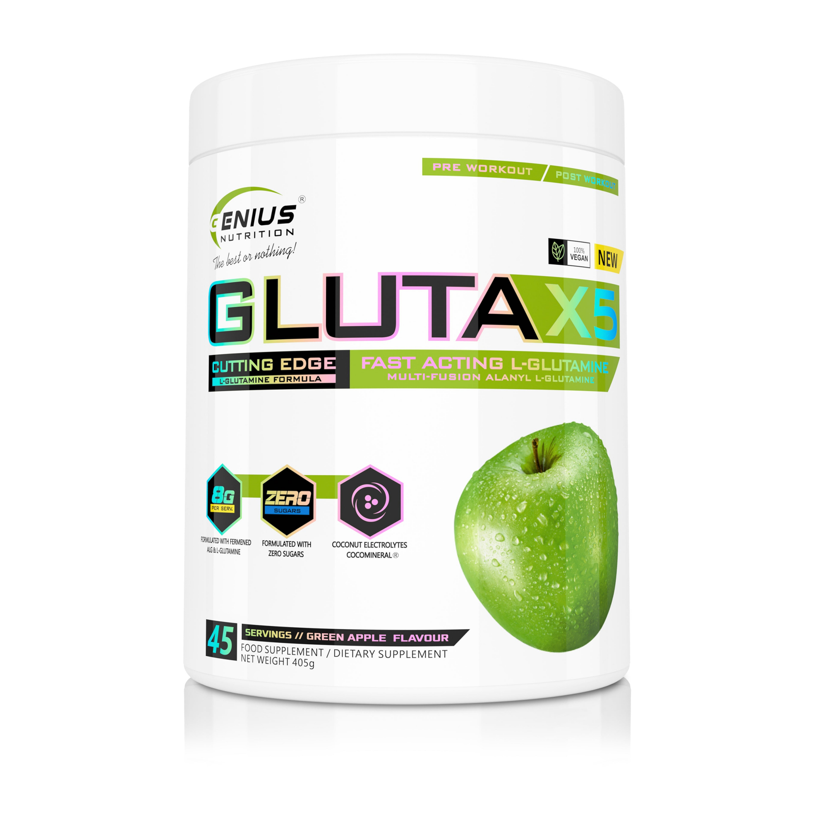 Glutamina, Genius Nutrition, Gluta-X5, 405 grame, pudra Green Apple