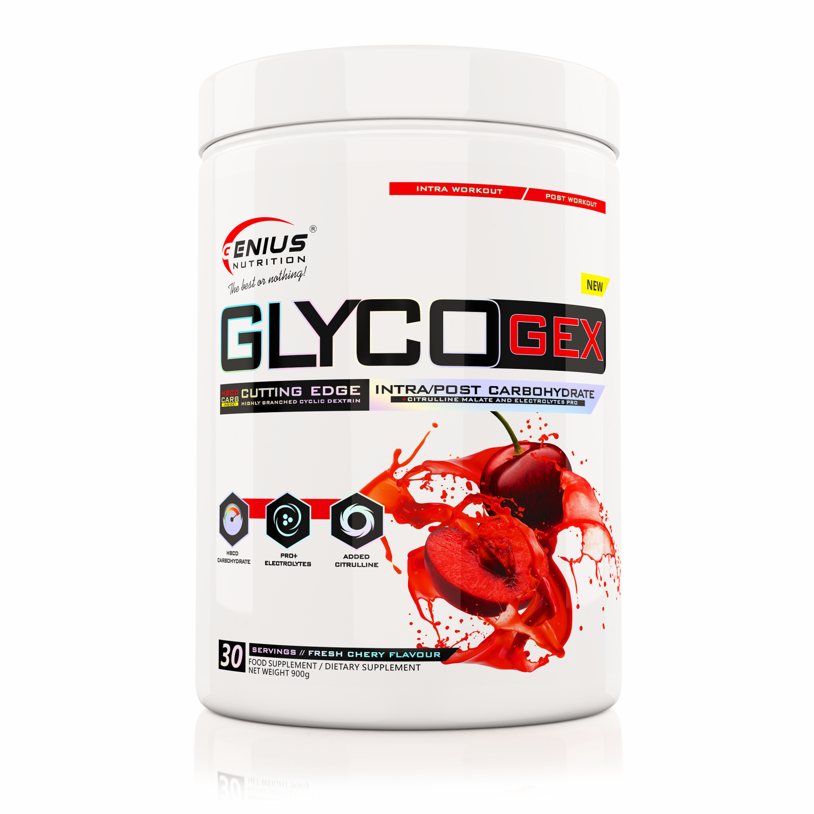 HBCD Dextrina ciclica, Genius Nutrition, Glycogex, 900 de grame, pudra Cherry Bliss
