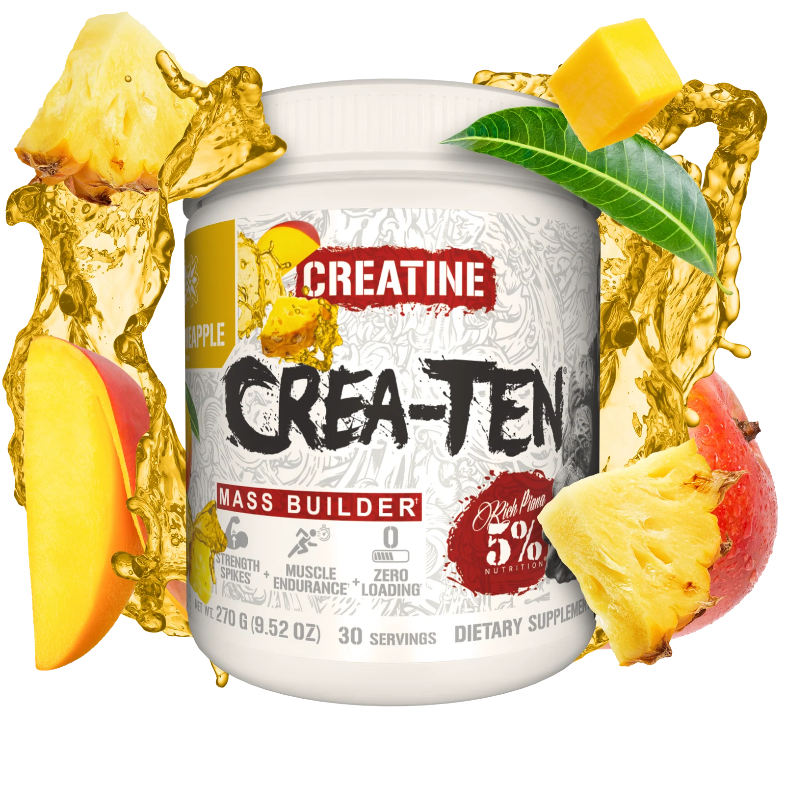 Matrice de creatina, 5% Rich Piana, Crea-Ten, 30 de portii, 270 de grame, pudra Mango Pineapple
