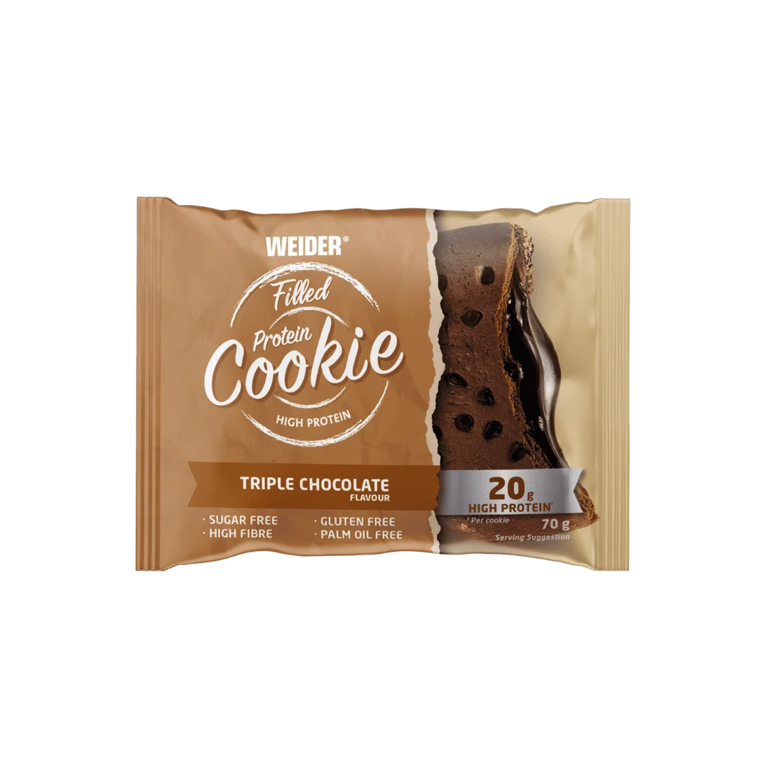 Prajitura proteica cu umplutura, Weider, Filled Protein Cookie, biscuit de 70 de grame Triple Choco