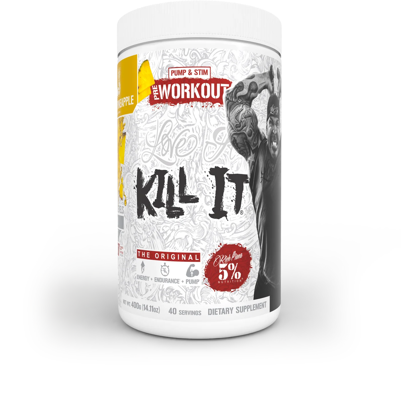 Pre-workout, 5% Rich Piana, Kill it, 432 de grame, 40 de serviri, pudra Mango Pineapple