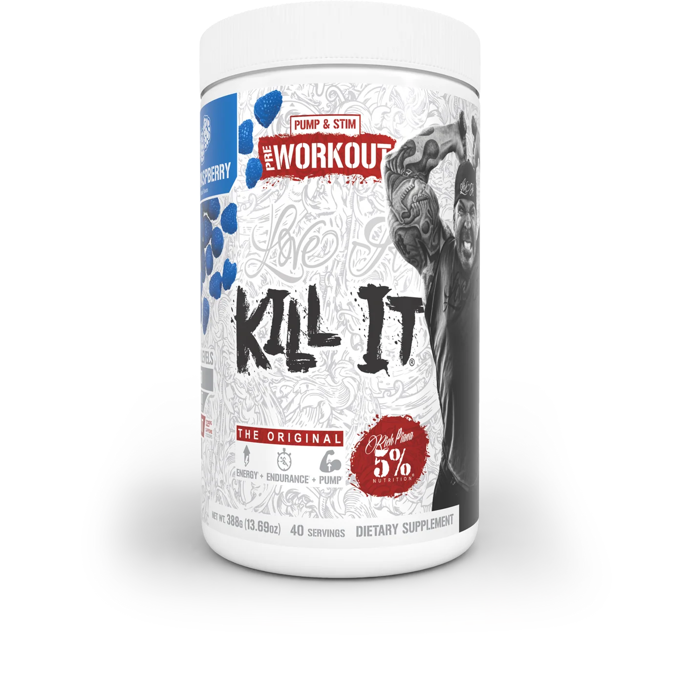 Pre-workout, 5% Rich Piana, Kill it, 432 de grame, 40 de serviri, pudra Blue Raspberry
