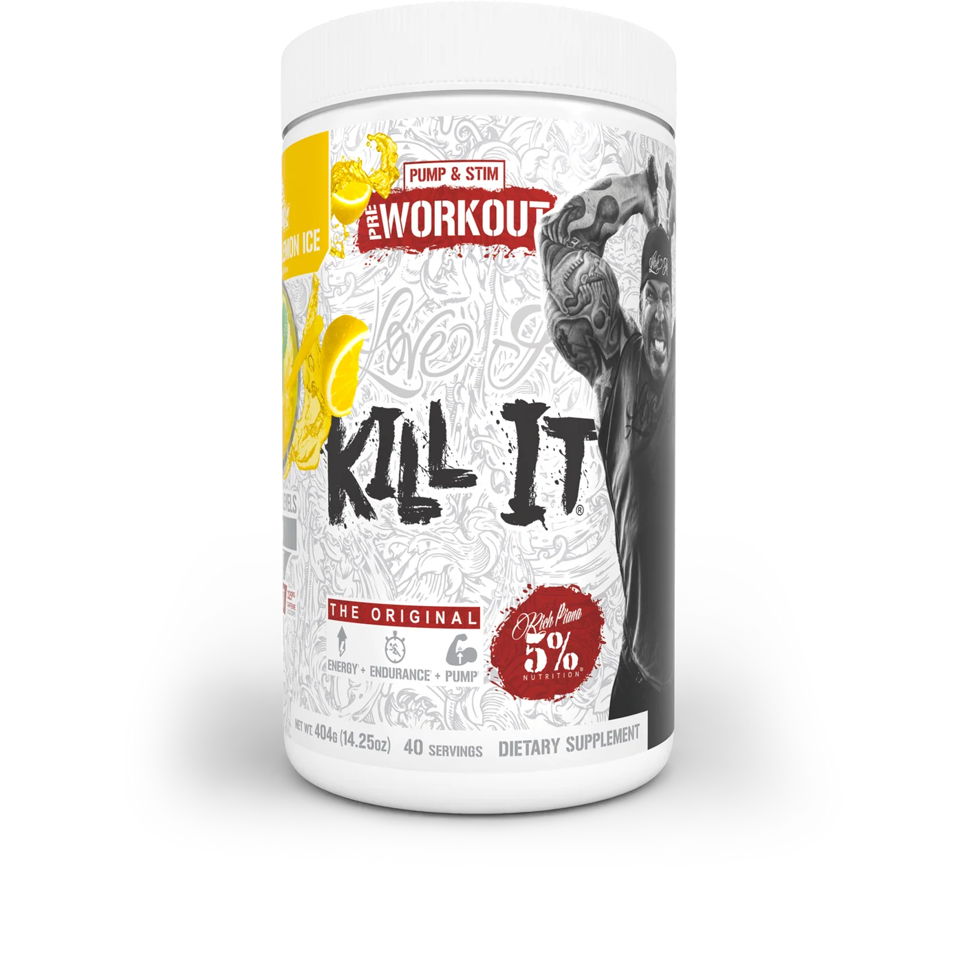 Pre-workout, 5% Rich Piana, Kill it, 432 de grame, 40 de serviri, pudra Italian Lemon Ice