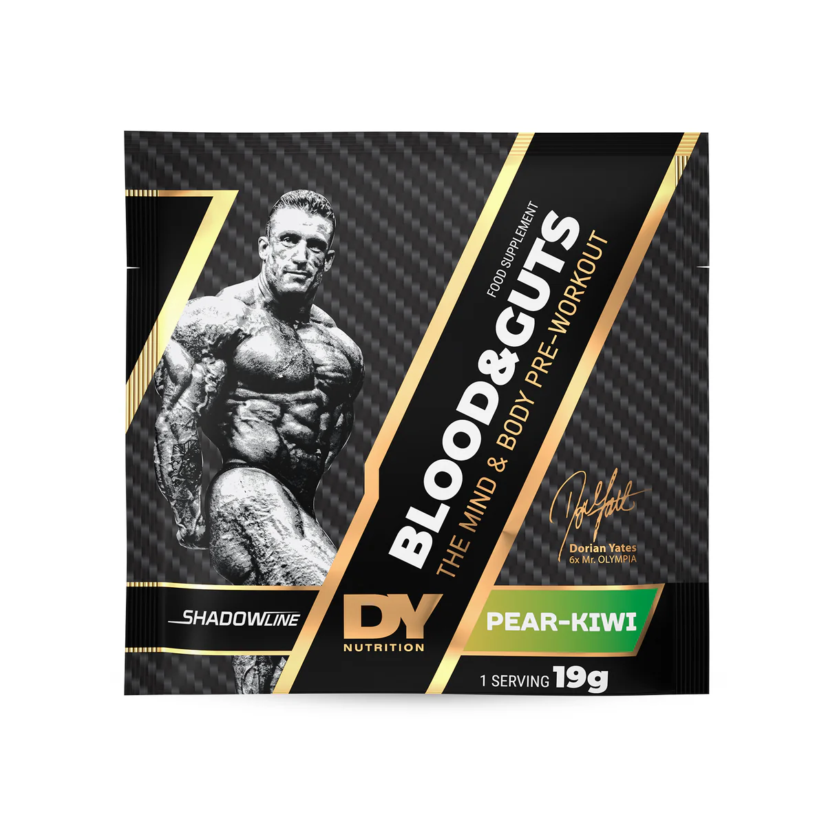 Pre-workout, DY Nutrition, Blood Guts, O portie de 19 grame la plic Pere si Kiwi