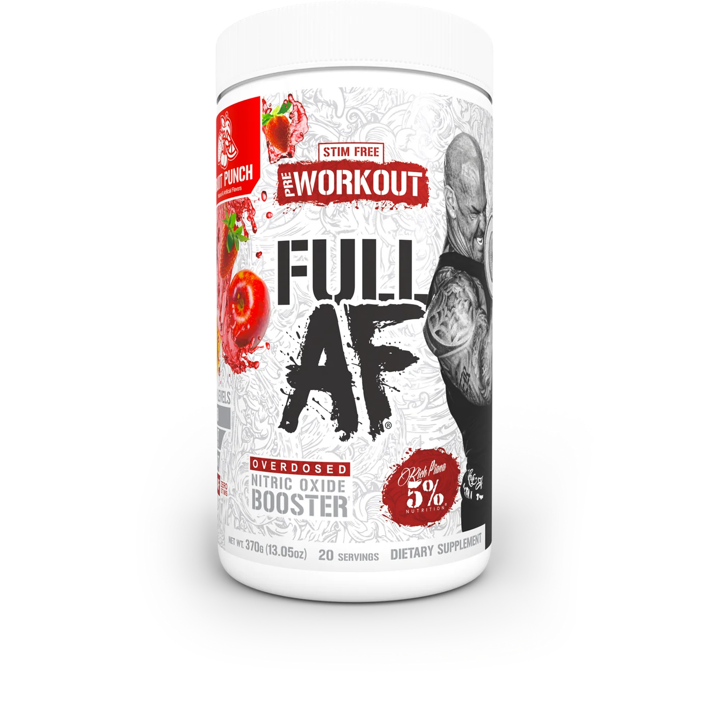 Pre-workout fara cofeina, 5% Rich Piana, Full As F k, Stim Free AF, 20 de portii, 370 de grame, pudra Fruit Punch
