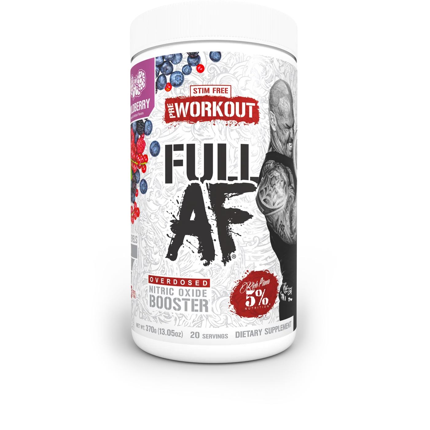 Pre-workout fara cofeina, 5% Rich Piana, Full As F k, Stim Free AF, 20 de portii, 370 de grame, pudra Wildberry