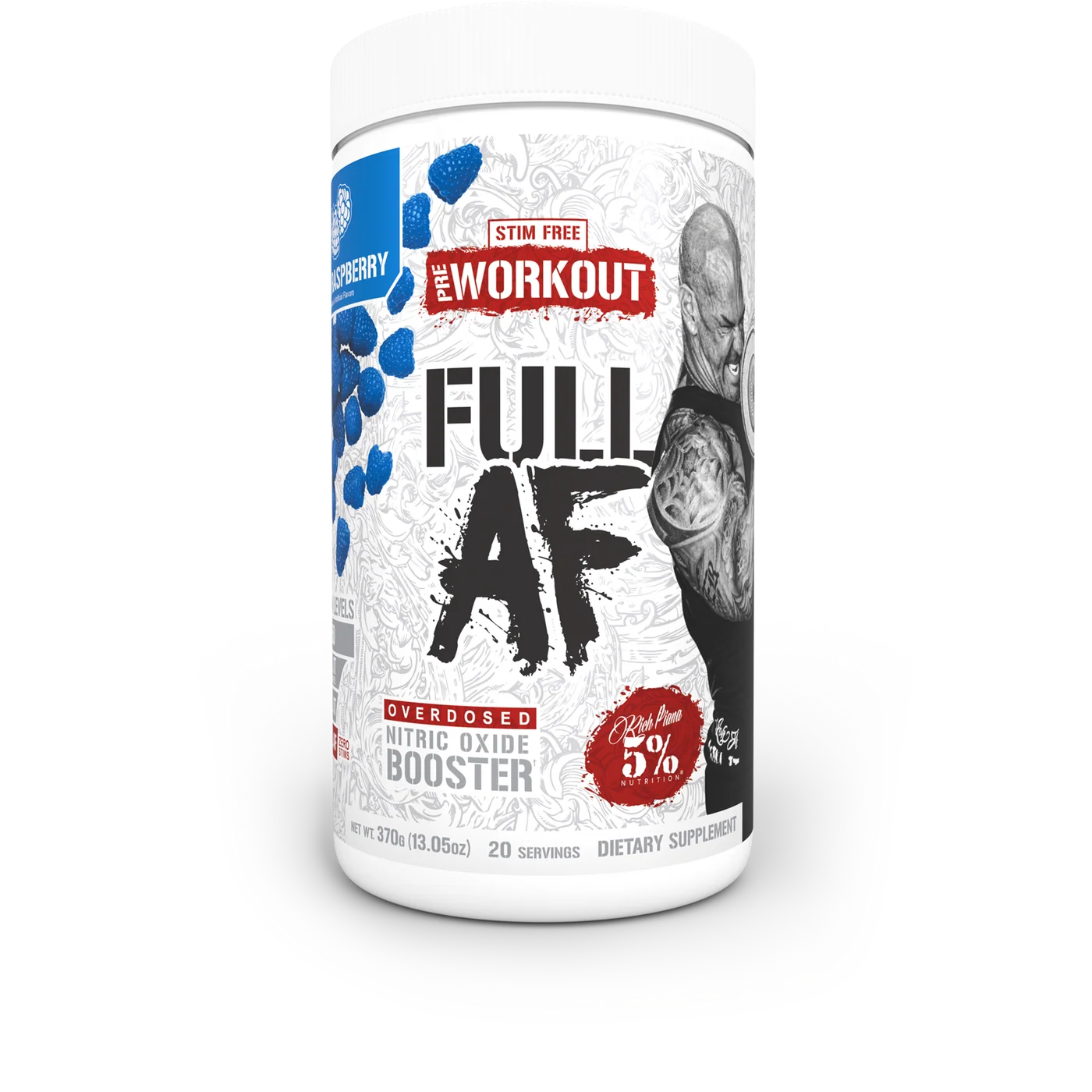 Pre-workout fara cofeina, 5% Rich Piana, Full As F k, Stim Free AF, 20 de portii, 370 de grame, pudra Blue Raspberry