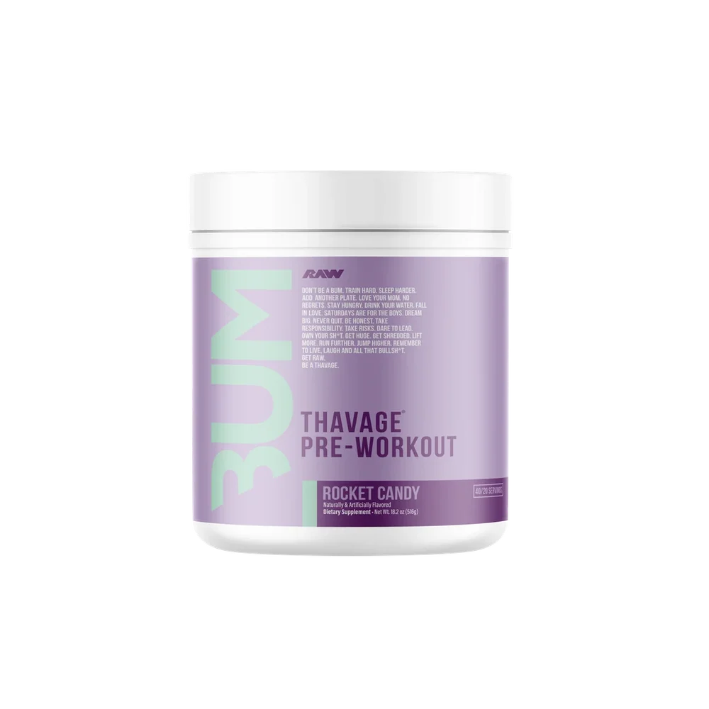 Preworkout cu cofeina, RAW Nutrition, CBUM Thavage, 520 de grame, pudra Rocket Candy