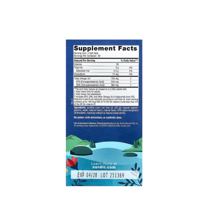 Arctic Cod Liver Oil Lemon 750mg 90 Soft Gels - Nordic Naturals [2]