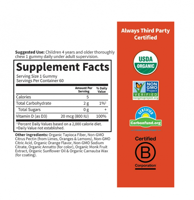 Kids Vitamin D3 Orange 20mcg 800IU 4+ ani 60 Gummies - Garden of Life [2]
