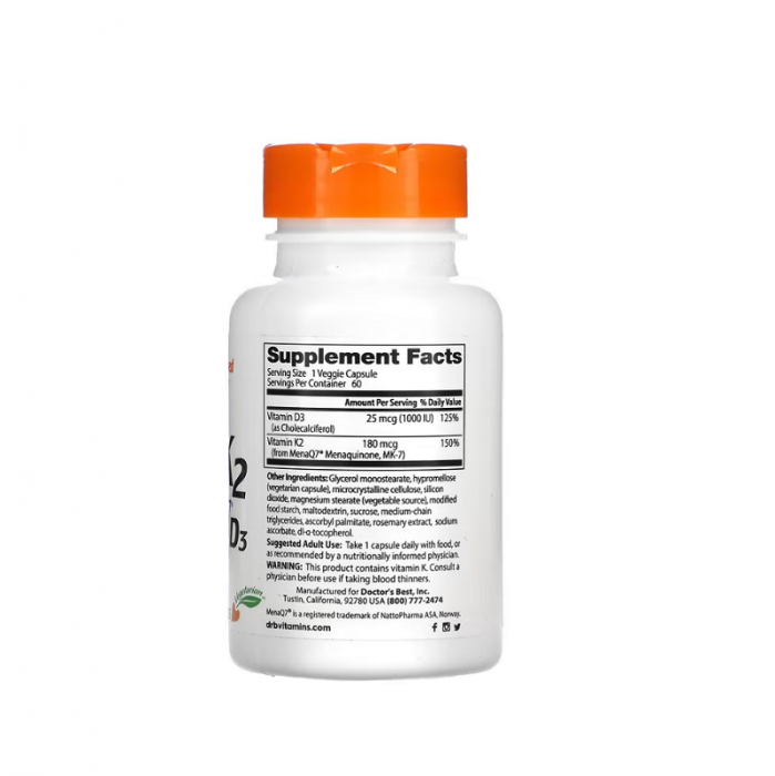 Natural Vitamin K2 MK-7 with MenaQ7 plus D3 180mcg 60 Capsule - Doctor's Best [2]