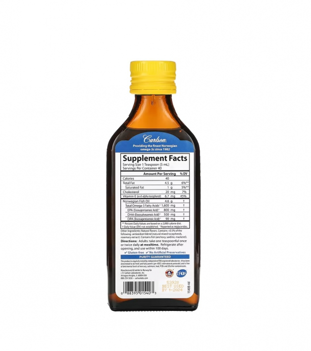 Norwegian The Very Finest Fish Oil Lemon Flavor 1600mg 200ml - Carlson [2]