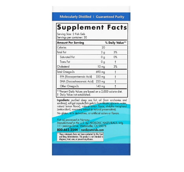 Omega-3 Lemon 690mg 60 Fish Gelatin Soft Gels - Nordic Naturals [2]