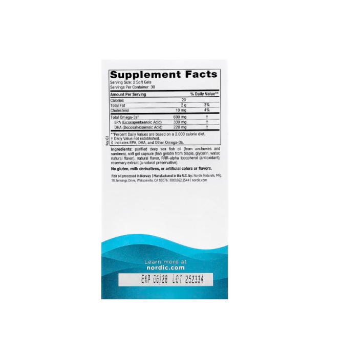 Omega-3 Lemon 690mg 60 Fish Gelatin Soft Gels - Nordic Naturals [2]