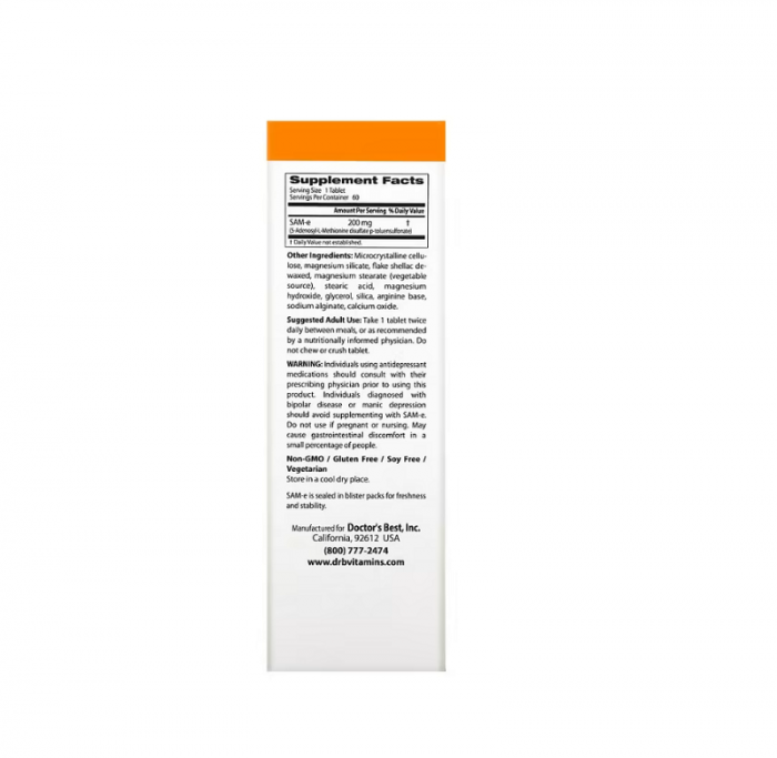 SAMe (Disulfate Tosylate) 200mg 60 Enteric Coated Tablets - Doctor's Best [2]