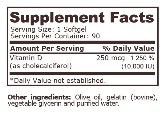 Vitamin D-3 10000 IU Highest Potency - 90 capsule moi - Pure Nutrition [2]