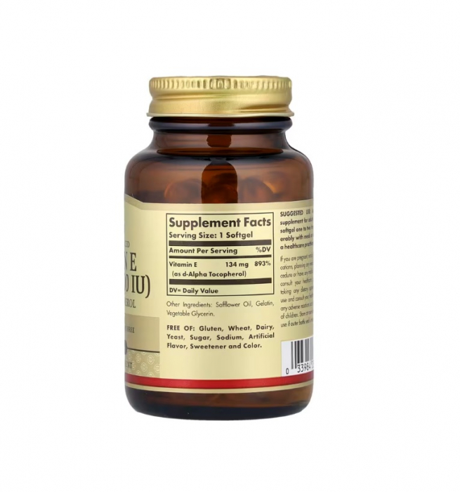 Vitamin E 134mg (200 IU) pure d-Alpha Tocopherol 100 capsule moi - Solgar [2]