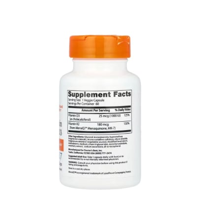Natural Vitamin K2 MK-7 with MenaQ7 plus D3 180mcg 60 Capsule - Doctor's Best [1]