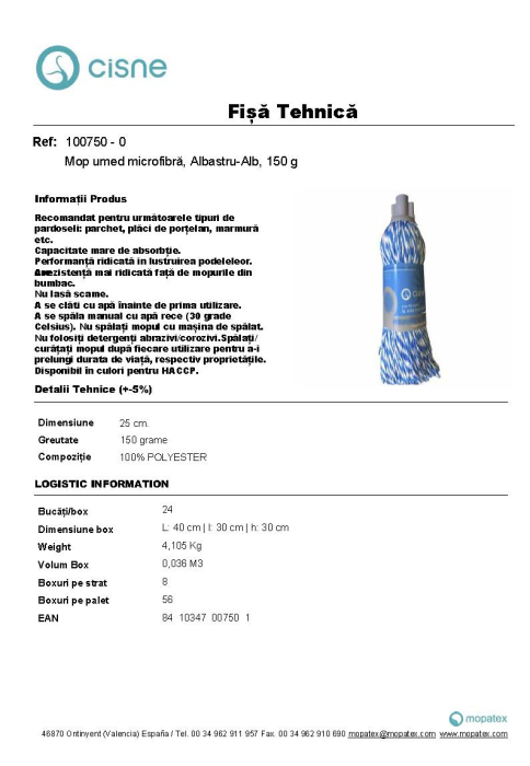 Mop microfibră albastru cu filet, Cisne, 150 g [3]
