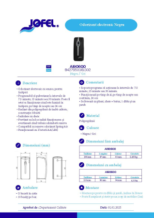 Odorizant electronic negru profesional Jofel cu rezerva spray 250 ml Breeze si baterii incluse [1]