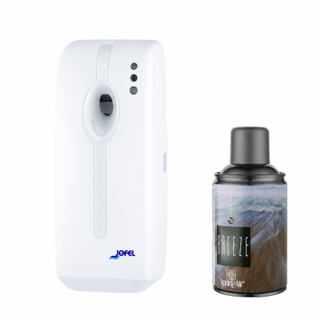 Odorizante pentru incaperi - Odorizant electronic profesional Jofel cu rezerva spray 250 ml Breeze si baterii incluse