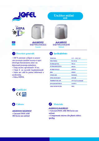 Uscător de mâini cu senzor Ave, Jofel, inox lucios [1]
